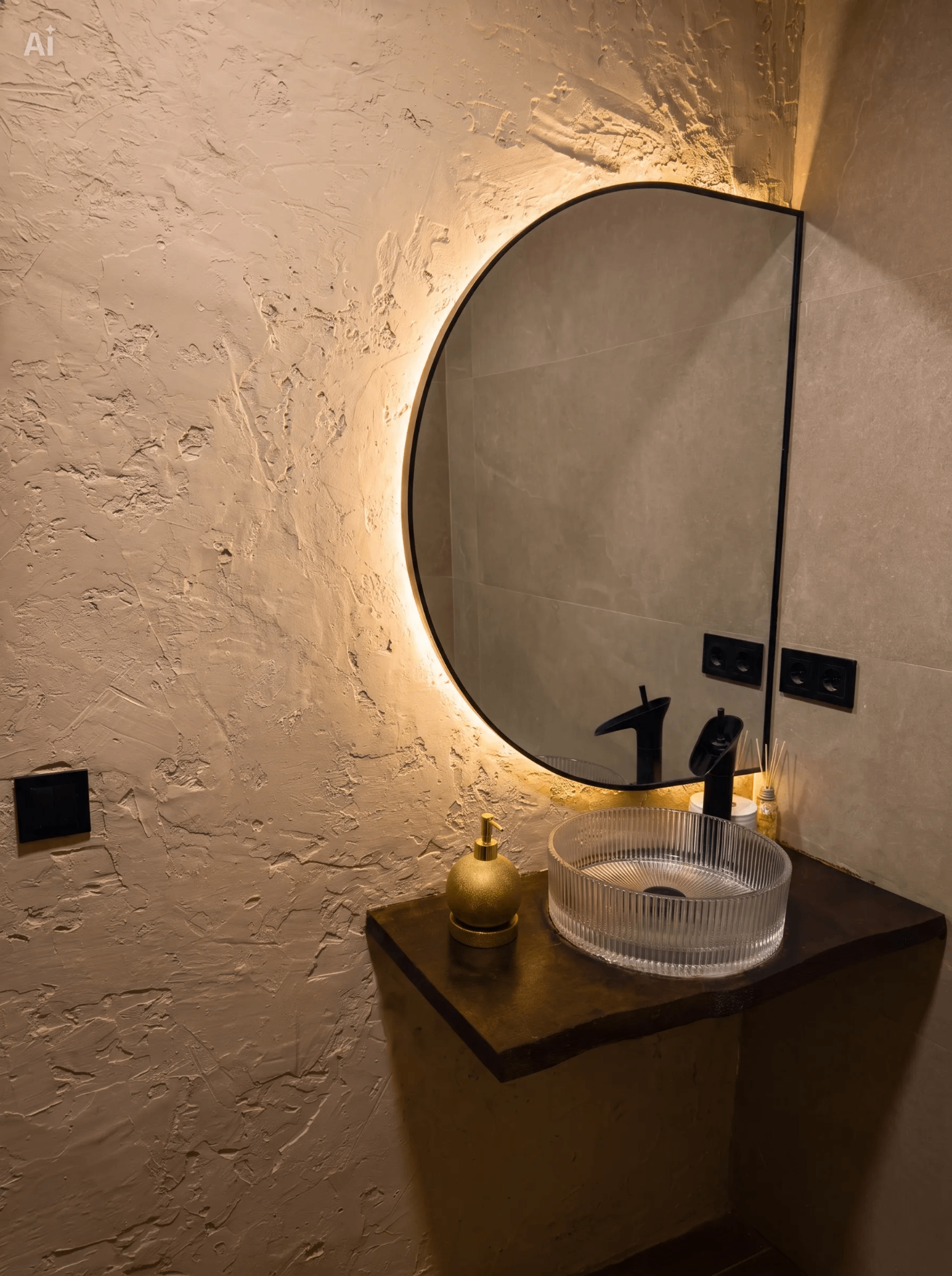Baño con espejo circular retroiluminado y lavabo sobre encimera de madera