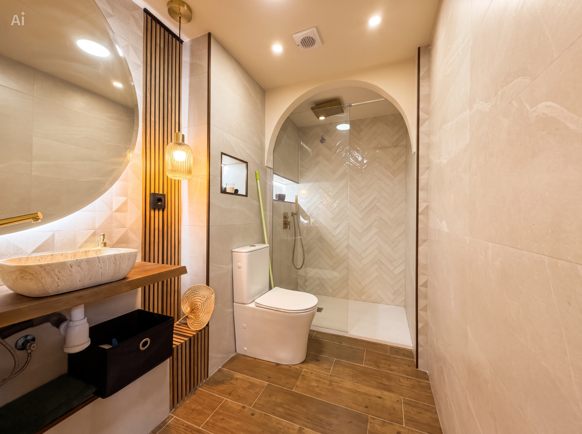 Baño reformado con ducha de obra y lavabo sobre encimera de madera